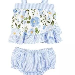 Mud Pie Hydrangea Blue Rose Pinafore & Bloomer Set  0-3M